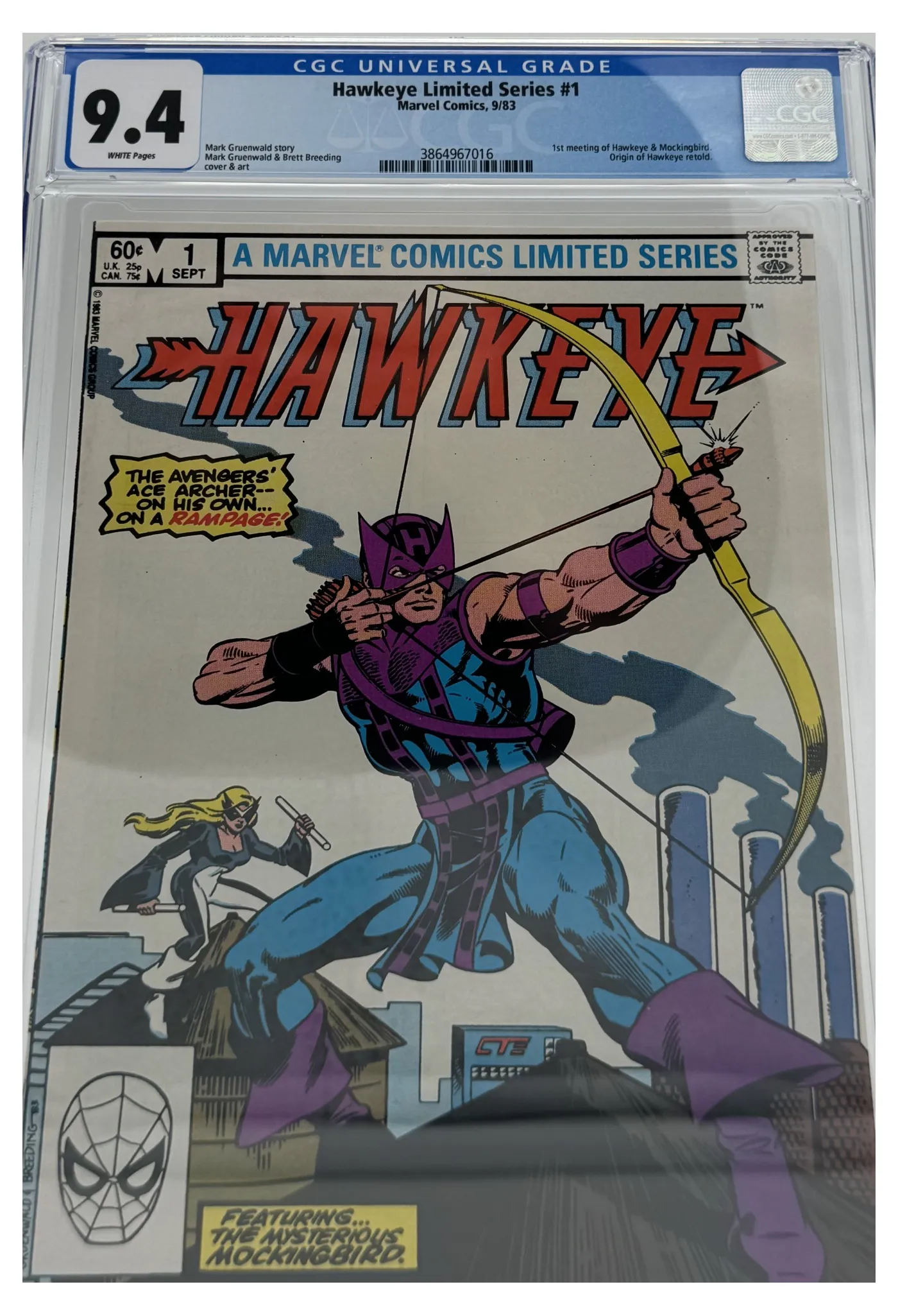 Front of the graded slab, Hawkeye, Vol. 1 1A, CGC 9.4 Near Mint, certification 3864967016