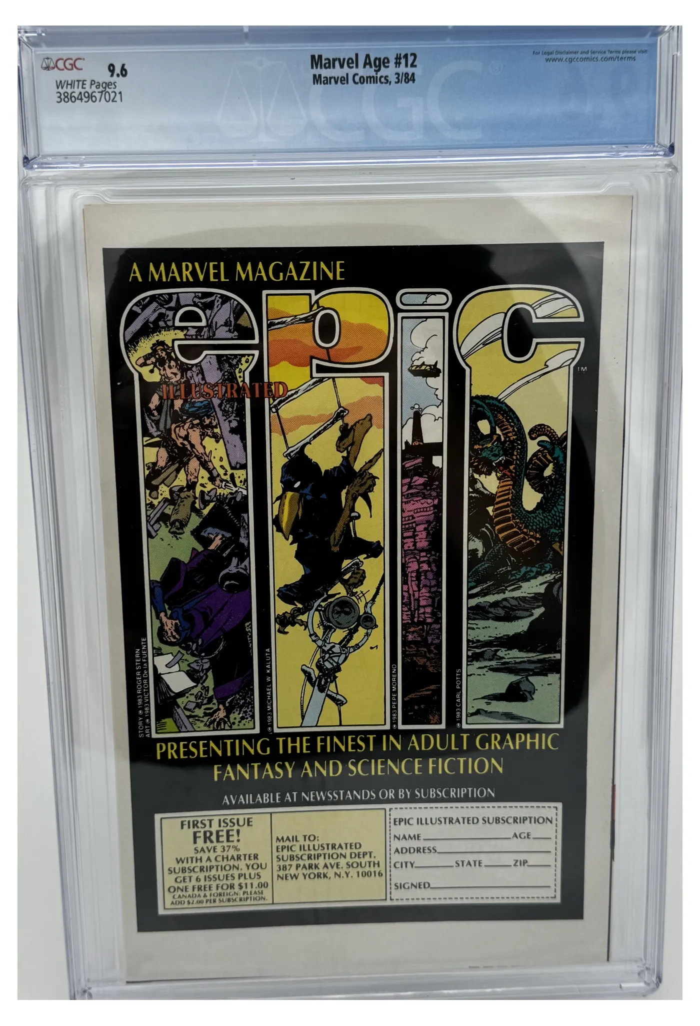 Back of the graded slab, Marvel Age 12, CGC 9.6 Near Mint +, certification 3864967021