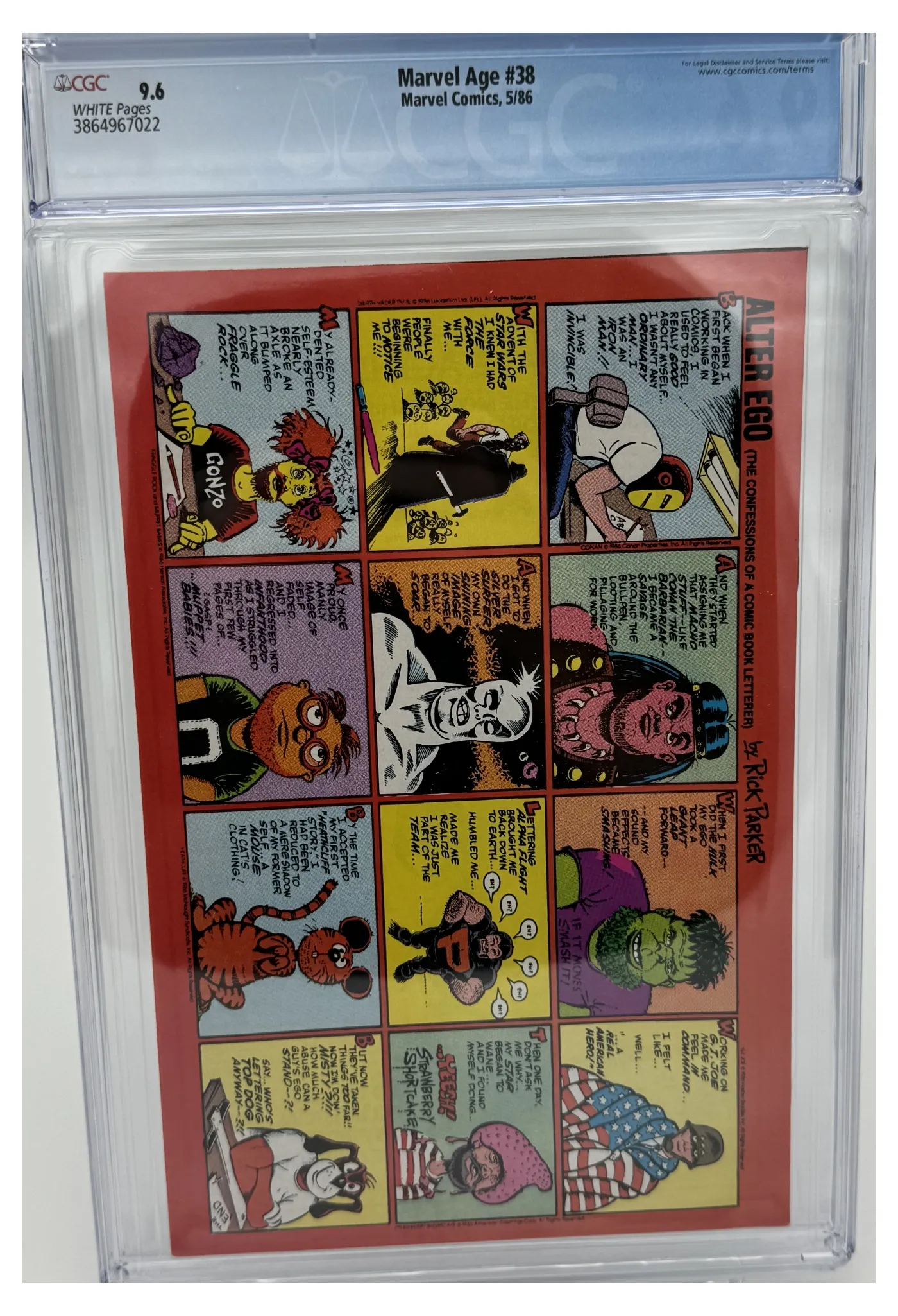 Back of the graded slab, Marvel Age 38, CGC 9.6 Near Mint +, certification 3864967022