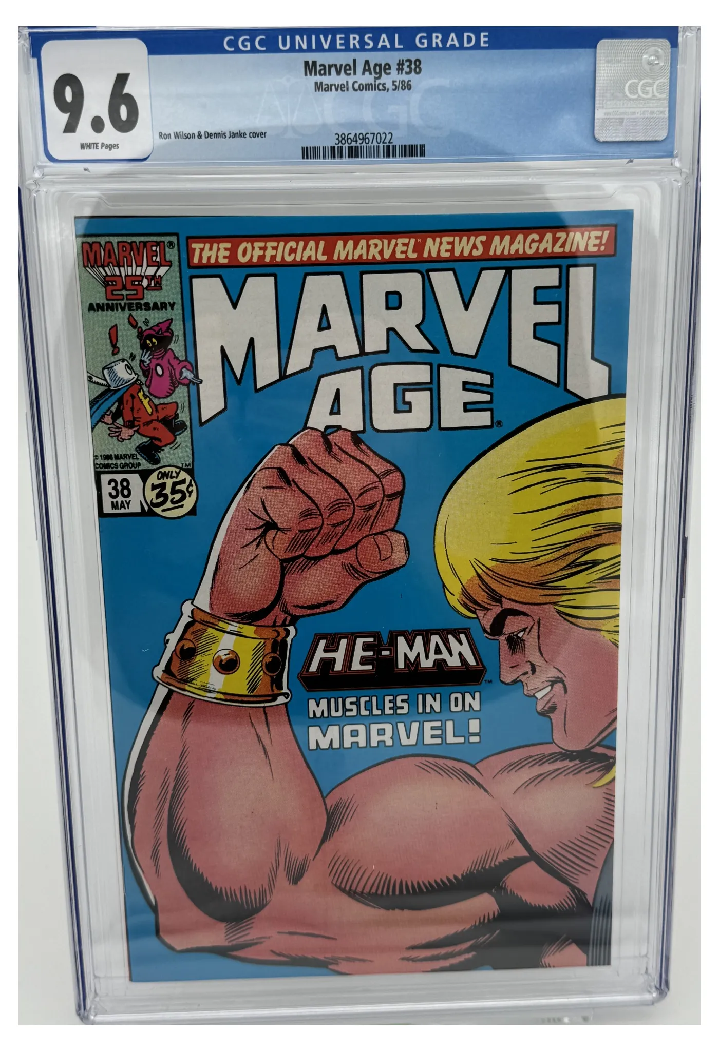 Front of the graded slab, Marvel Age 38, CGC 9.6 Near Mint +, certification 3864967022