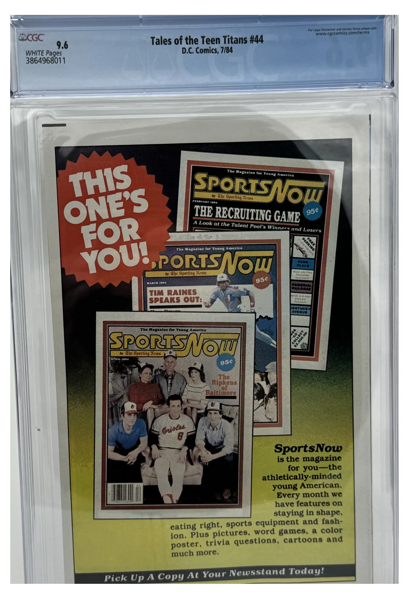 Back of the graded slab, Tales of the Teen Titans 44A, CGC 9.6 Near Mint +, certification 3864968011