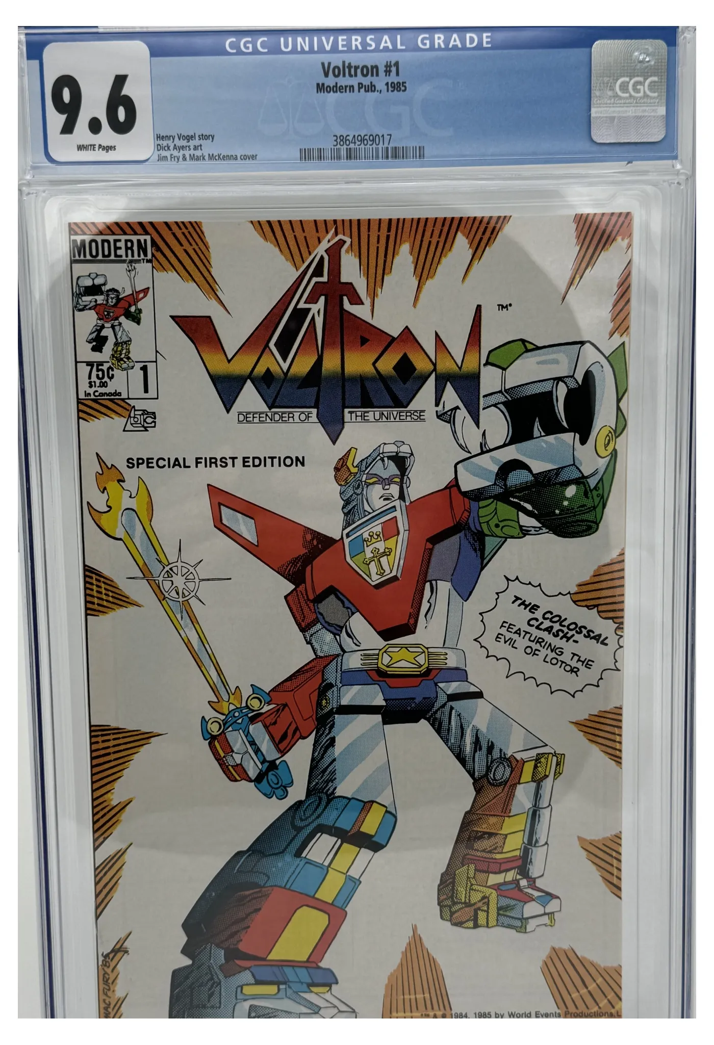 Front of the graded slab, Voltron 1B, CGC 9.6 Near Mint +, certification 3864969017