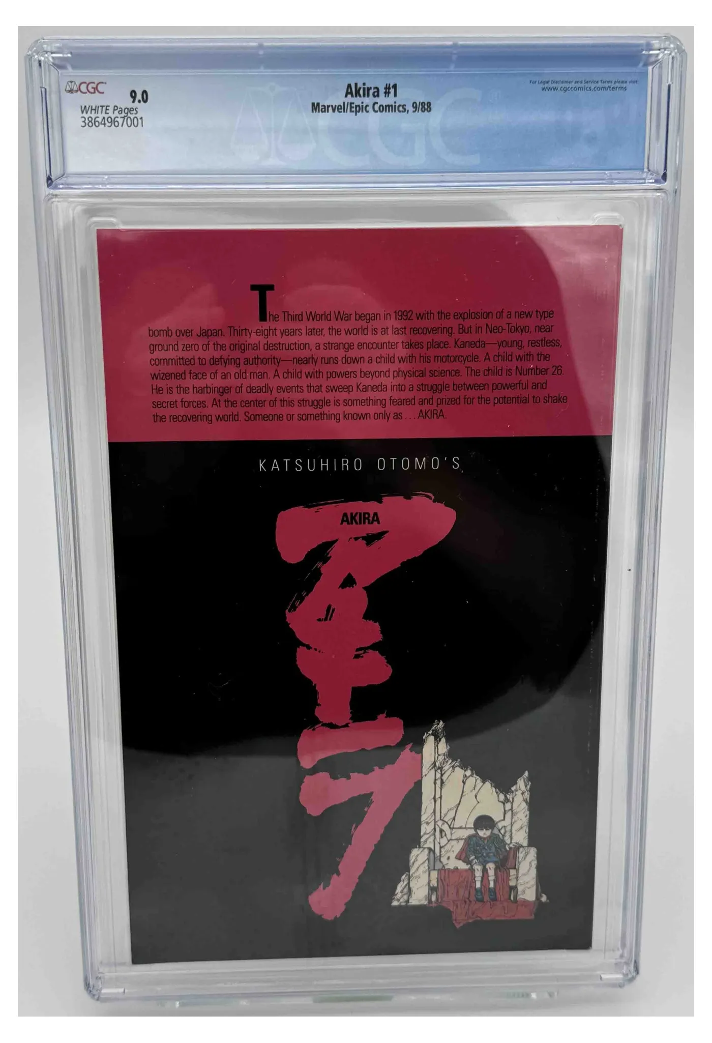 Back of the graded slab, Akira 1A, CGC 9.0 Very Fine/Near Mint, certification 3864967001